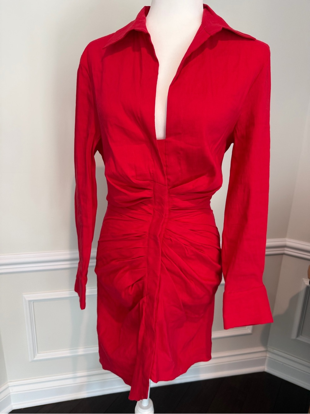 Zara Red Ruched Mini Shirt Dress